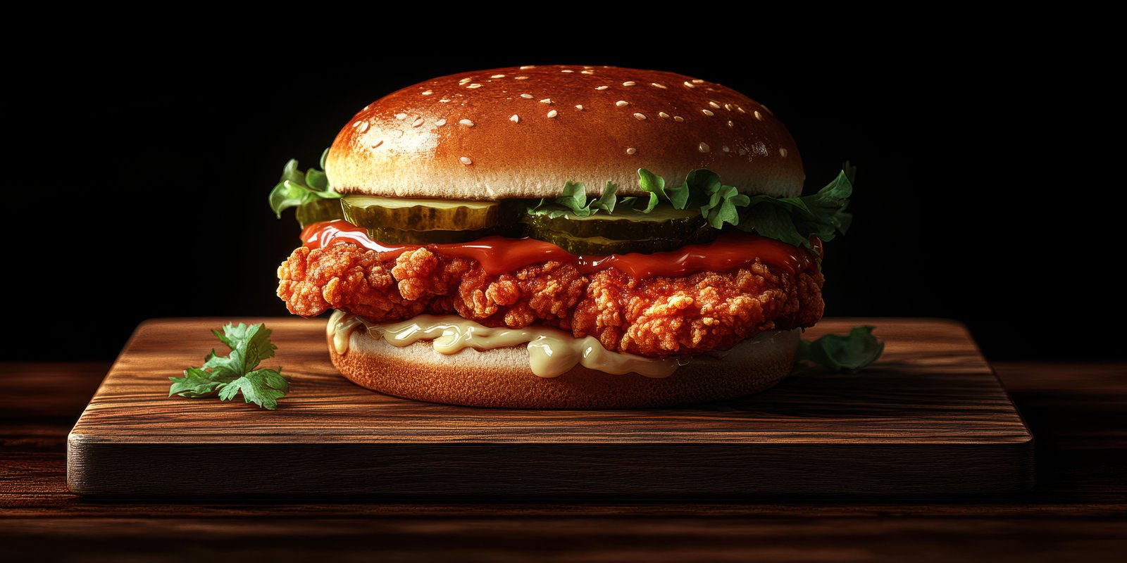 Crispy chicken sandwich with pickles and lettuce served on a wooden board in a dark setting
